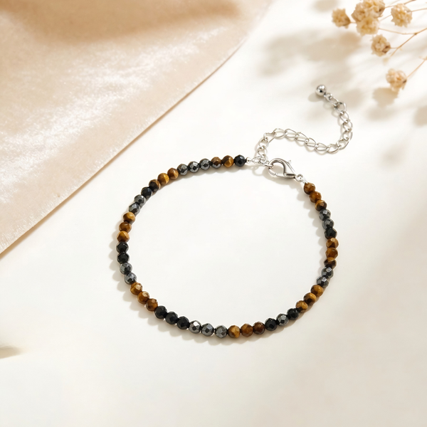 Natural Black Tourmaline, Tiger Eye & Hematite Crystal Anklet for Protection