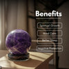 Purple crystal ball on a wooden surface with text listing benefits
