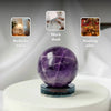 Purple crystal ball on a white surface with lifestyle images and text indicating its use in various settings.