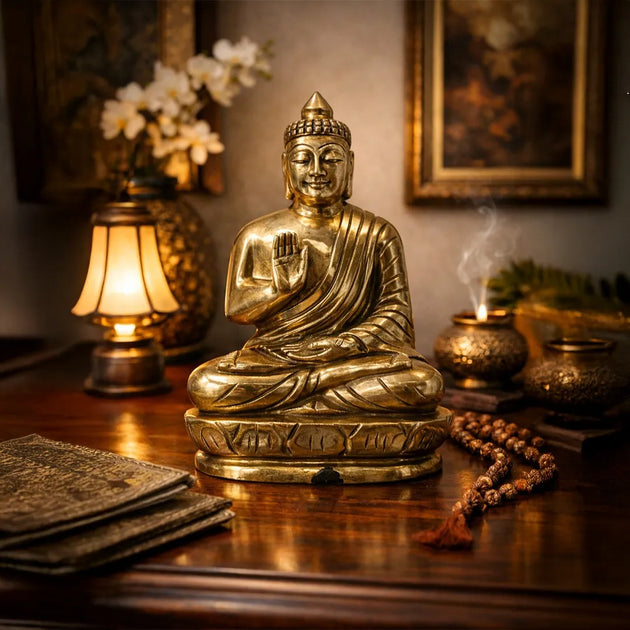 Gold Buddha statue on a wooden table with a lamp and incense in the background
