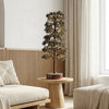 Decorative indoor plant on a wooden table in a modern living room.