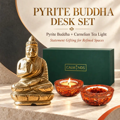 Pyrite Buddha Desk Set – Certified Pyrite Buddha Statue with Carnelian Crystal Diyas – product image