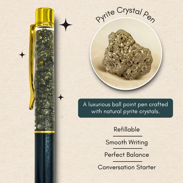 Pyrite crystal pen with a natural pyrite crystal on a beige background