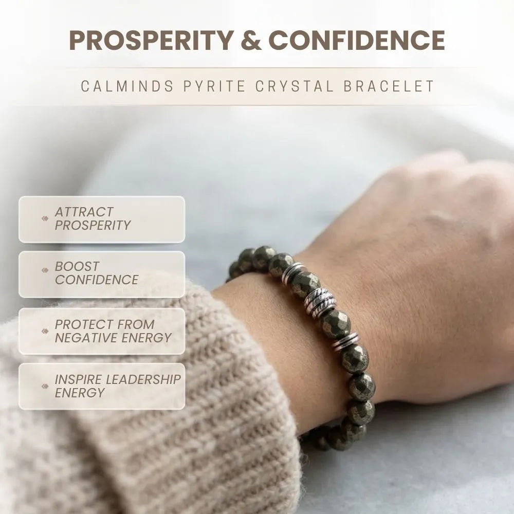 Pyrite crystal bracelet worn on a wrist with text highlighting benefits on a light background