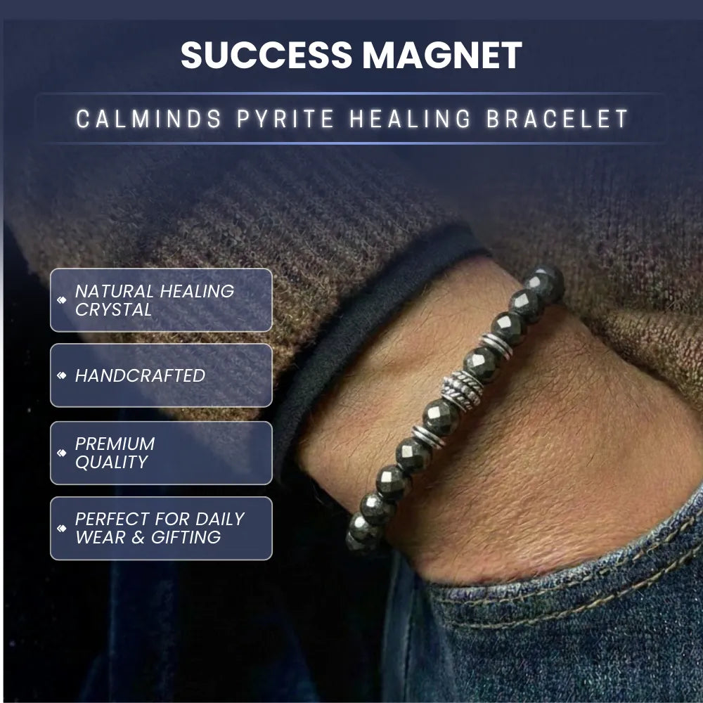 Pyrite healing bracelet on a wrist with promotional text about its features.