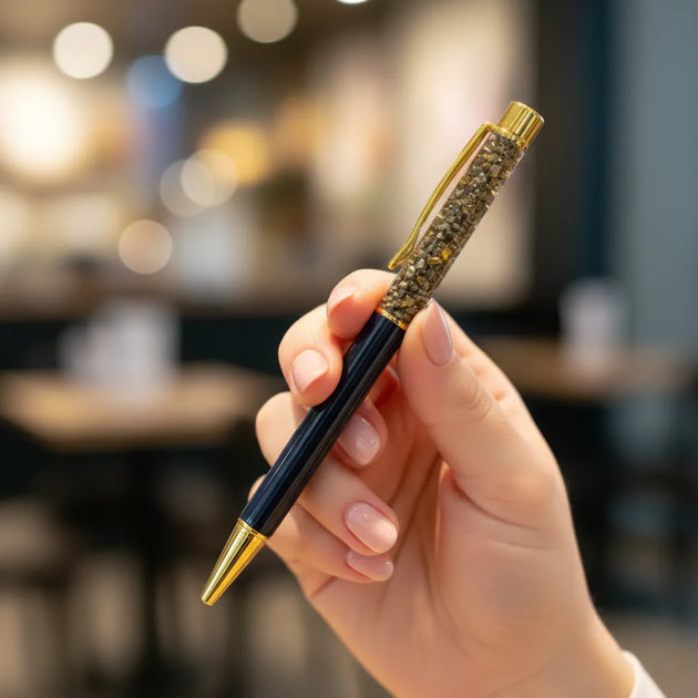 Hand holding a decorative pen with a blurred background