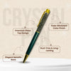 Green pen with gold accents on a beige background with text highlighting features
