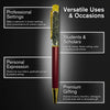 Pen with text highlighting its uses in professional settings, students & scholars, personal expression, and premium gifting.