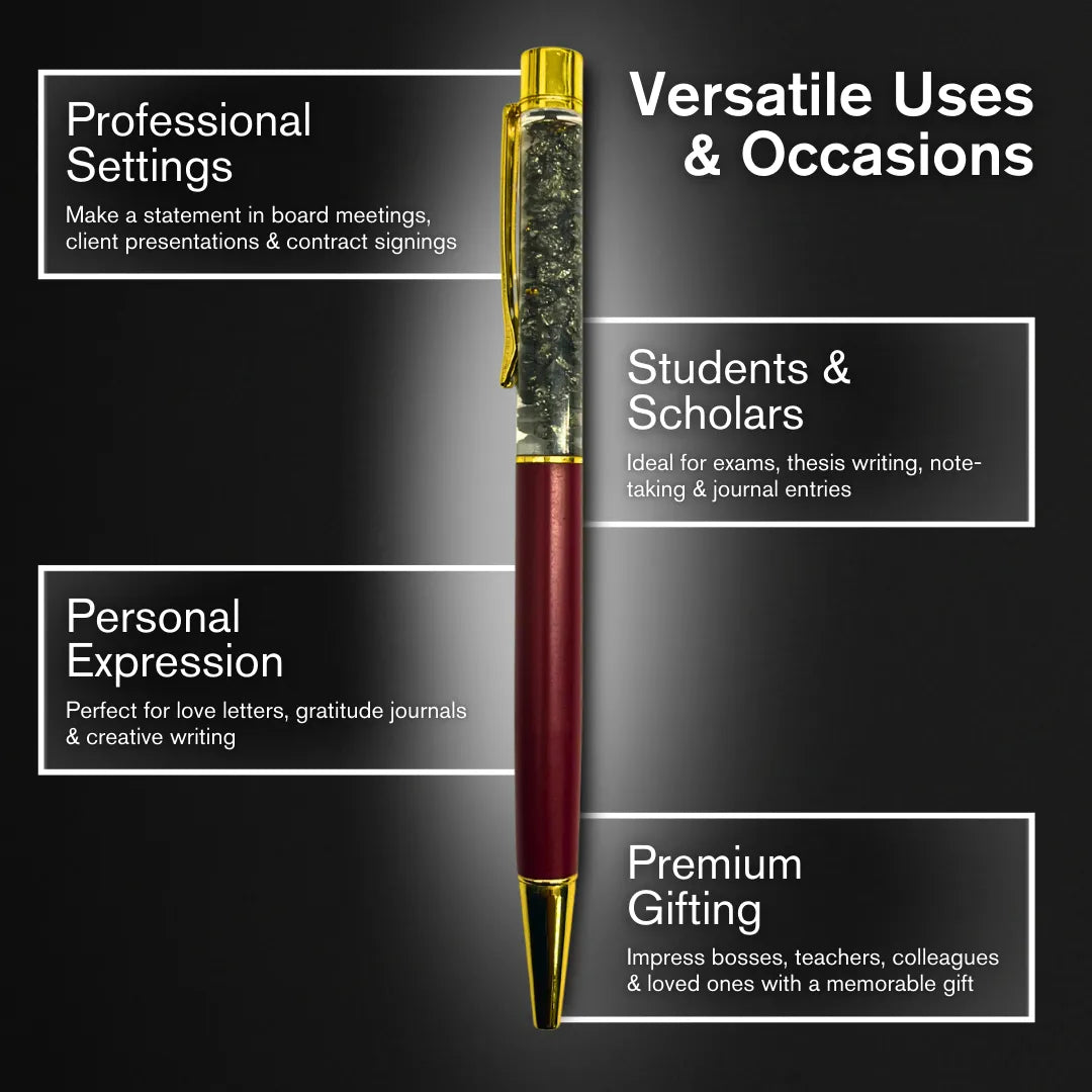 Pen with text highlighting its uses in professional settings, students & scholars, personal expression, and premium gifting.