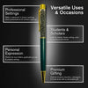 Pen with text highlighting its uses in professional settings, students & scholars, personal expression, and premium gifting.