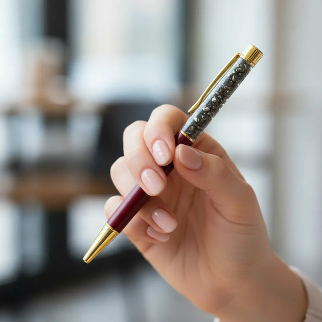 Hand holding a pen with a blurred background