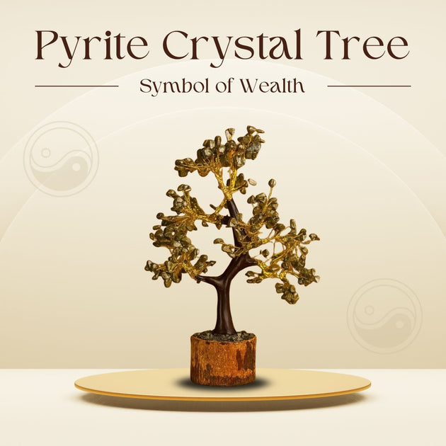 Pyrite crystal tree on a beige platform with a beige background