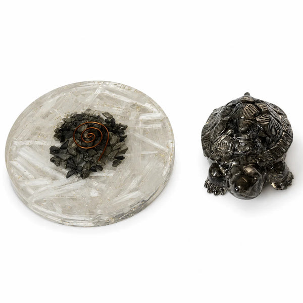 Pyrite Feng Shui Turtle with Selenite Plate for Wealth & Prosperity