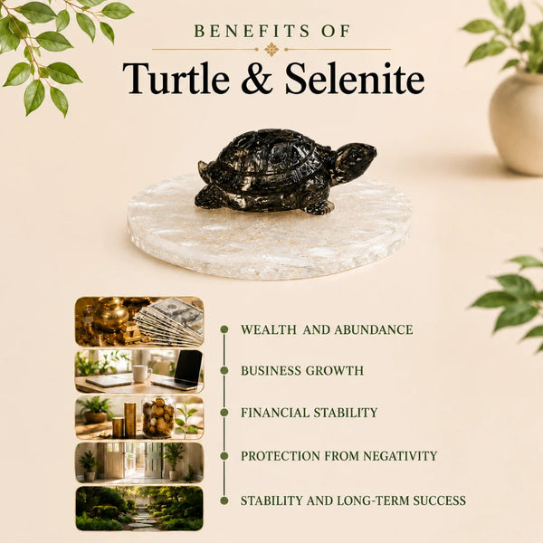 Pyrite Feng Shui Turtle with Selenite Plate for Wealth & Prosperity