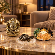 Pyrite Ganesha Dhanteras Set – Pyrite Ganesha Idol, Pyrite Turtle & Crystal Diya
