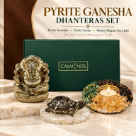 Pyrite Ganesha Dhanteras Set – Pyrite Ganesha Idol, Pyrite Turtle & Crystal Diya
