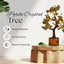 Pyrite crystal tree on a wooden stand with benefits listed on a light gray background