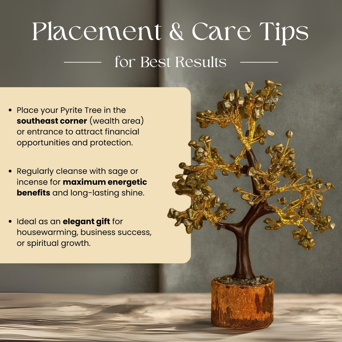 Decorative gold tree with placement and care tips on a neutral background