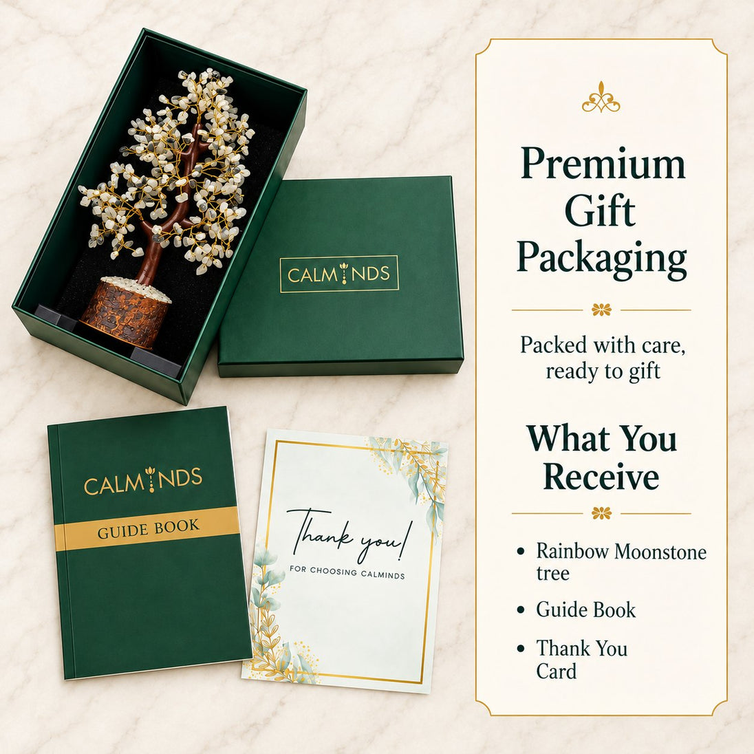 Rainbow moonstone crystal tree in Calminds green gift box with guide book and thank-you card