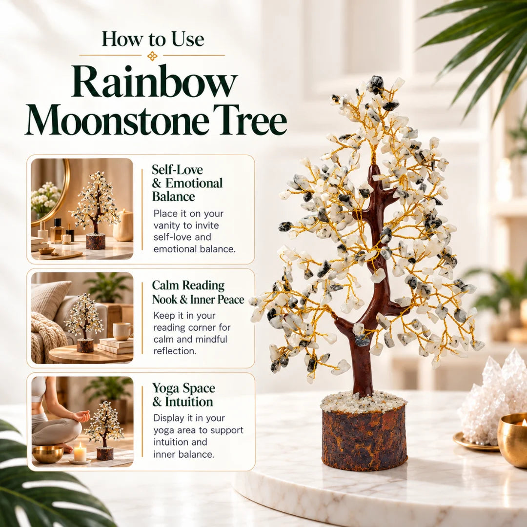 How to use a rainbow moonstone tree on a vanity, in a reading corner or a yoga space
