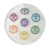 Round crystal with seven chakra symbols in different colors on a white background