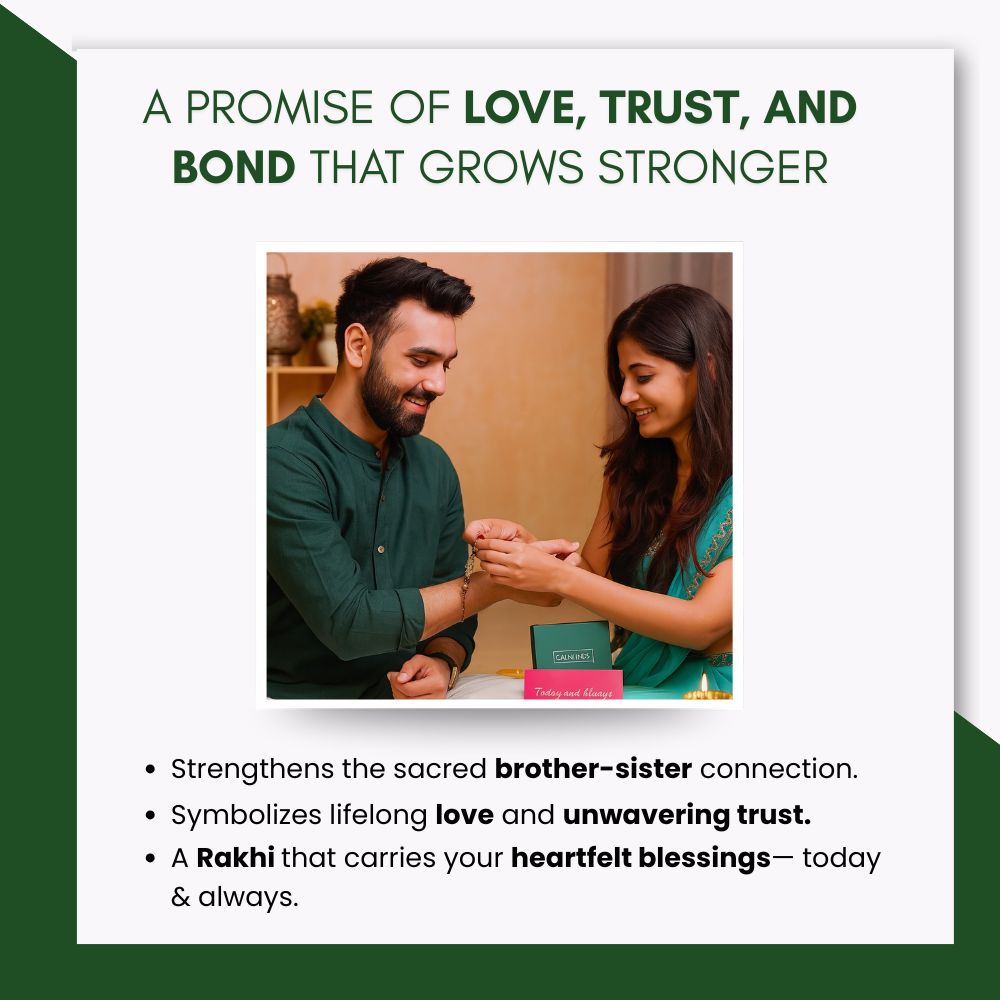 Man and woman exchanging Rakhi with text about love, trust, and bond.