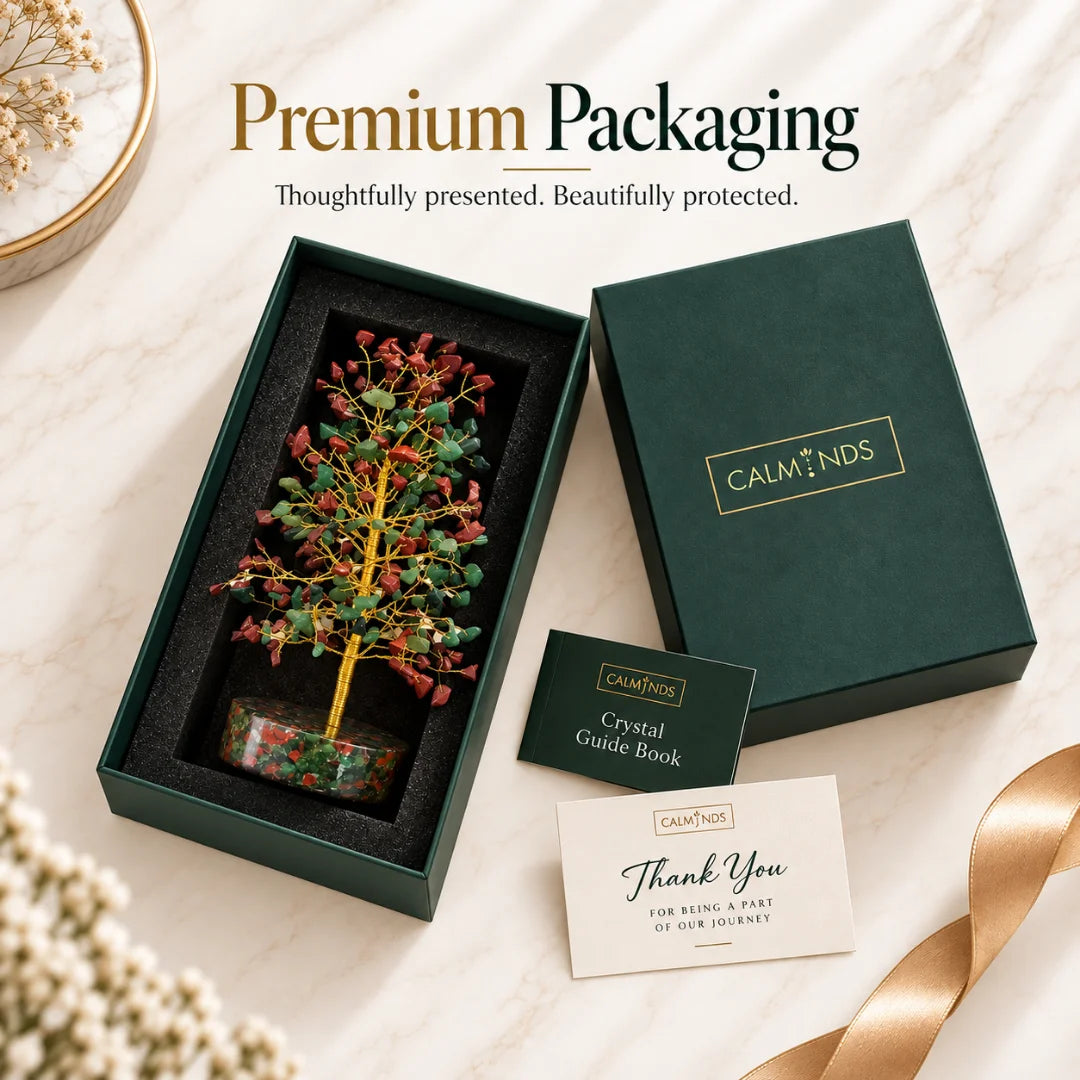 Red jasper and green aventurine crystal tree in its Calminds gift box with guide book