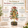 Qualities panel for red jasper and green aventurine: grounding presence, harmony and balance, positive energy