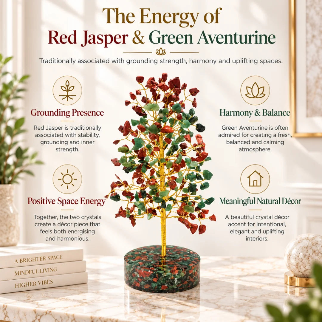 Qualities panel for red jasper and green aventurine: grounding presence, harmony and balance, positive energy