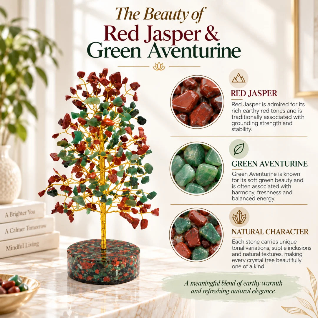 Detail of the red jasper and green aventurine stones used in the crystal tree