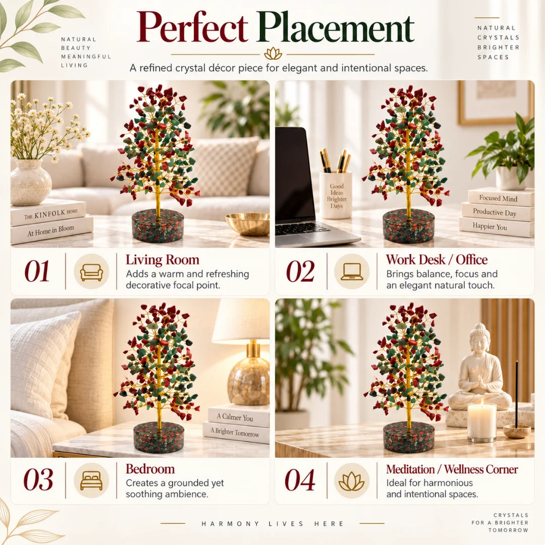 Placement ideas for the red jasper and green aventurine crystal tree across four rooms
