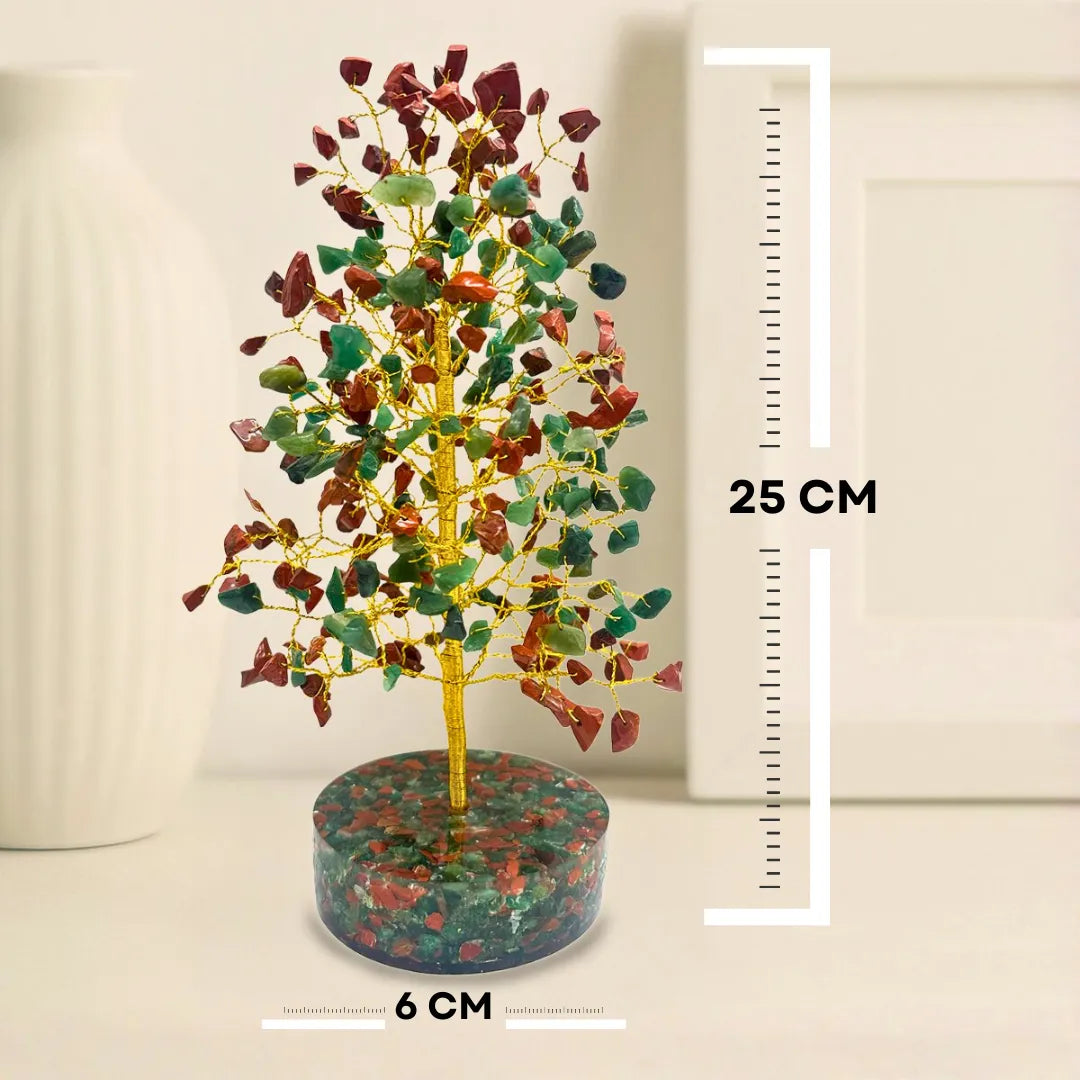 Decorative gemstone tree with measurements on a neutral background