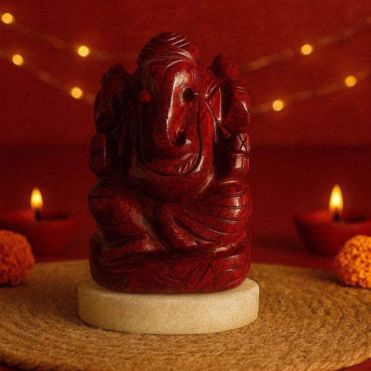 Red Ganesha statue on a stone base with blurred candles and lights in the background