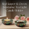 Red Jasper & Green Aventurine Tea Light Candle Holder with a lit candle on a neutral background.