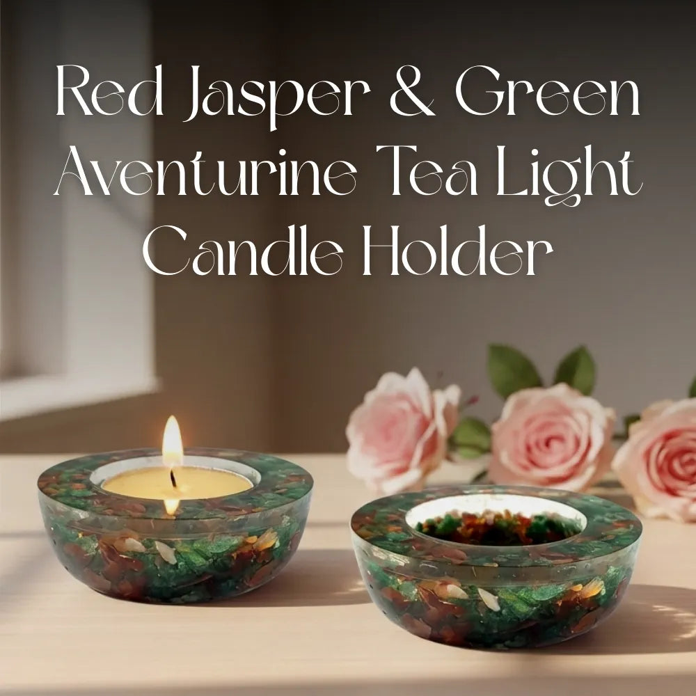 Red Jasper & Green Aventurine Tea Light Candle Holder with a lit candle on a neutral background.
