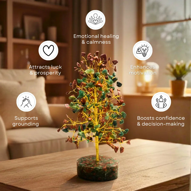 Decorative tree with stones on a table in a living room setting, surrounded by positive attributes.