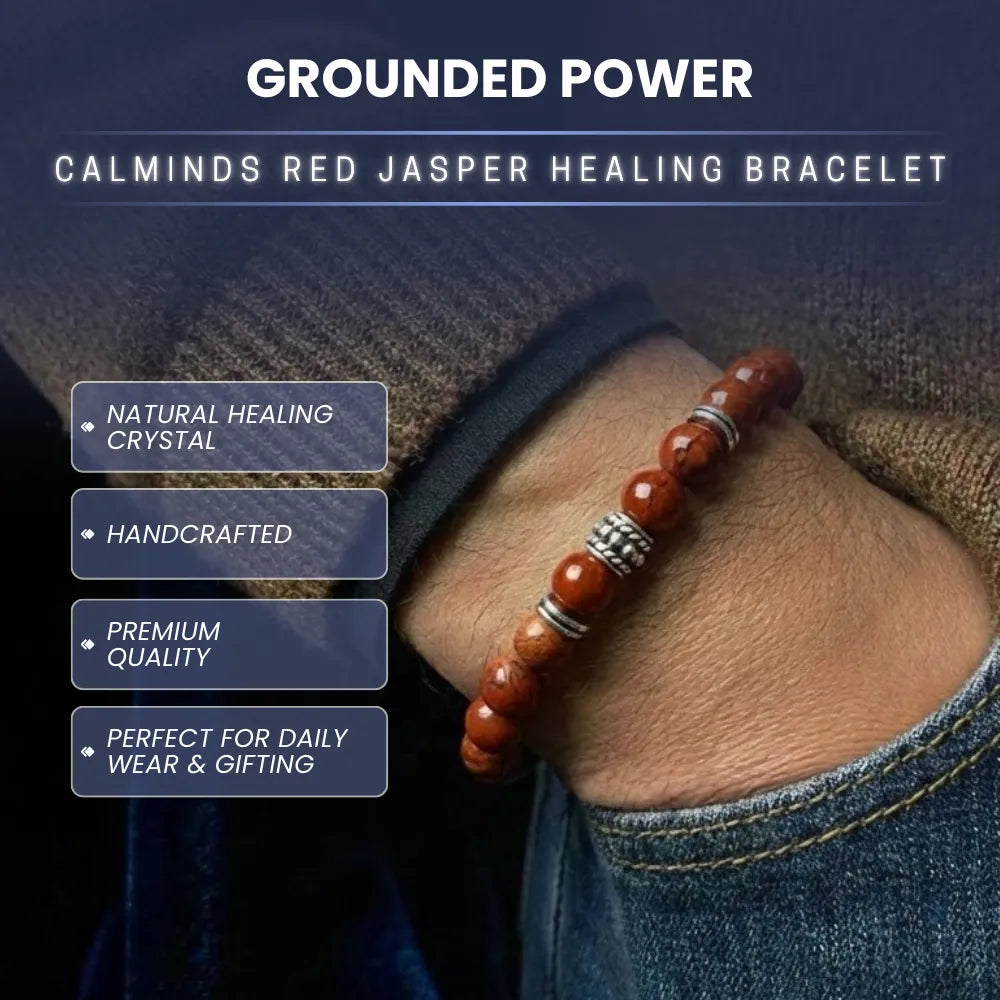 Red jasper healing bracelet on a wrist with promotional text about its features.