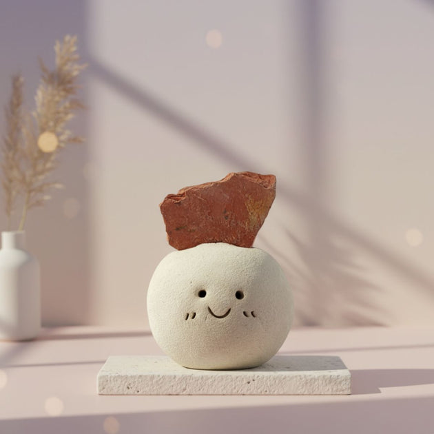 Ceramic sculpture of a face with red jasper stone on top, placed on a light surface.