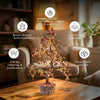 Decorative tree lamp on a table with wellness benefits text in a living room setting