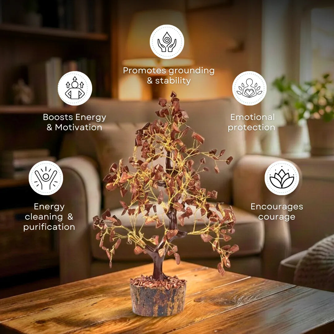 Decorative tree lamp on a table with wellness benefits text in a living room setting