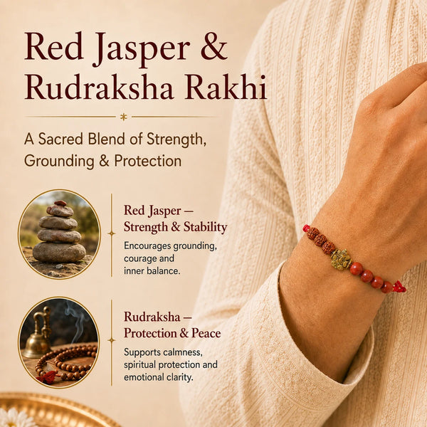 Red Jasper Rakhi with Rudraksha | Raksha Bandhan Gift for Brother