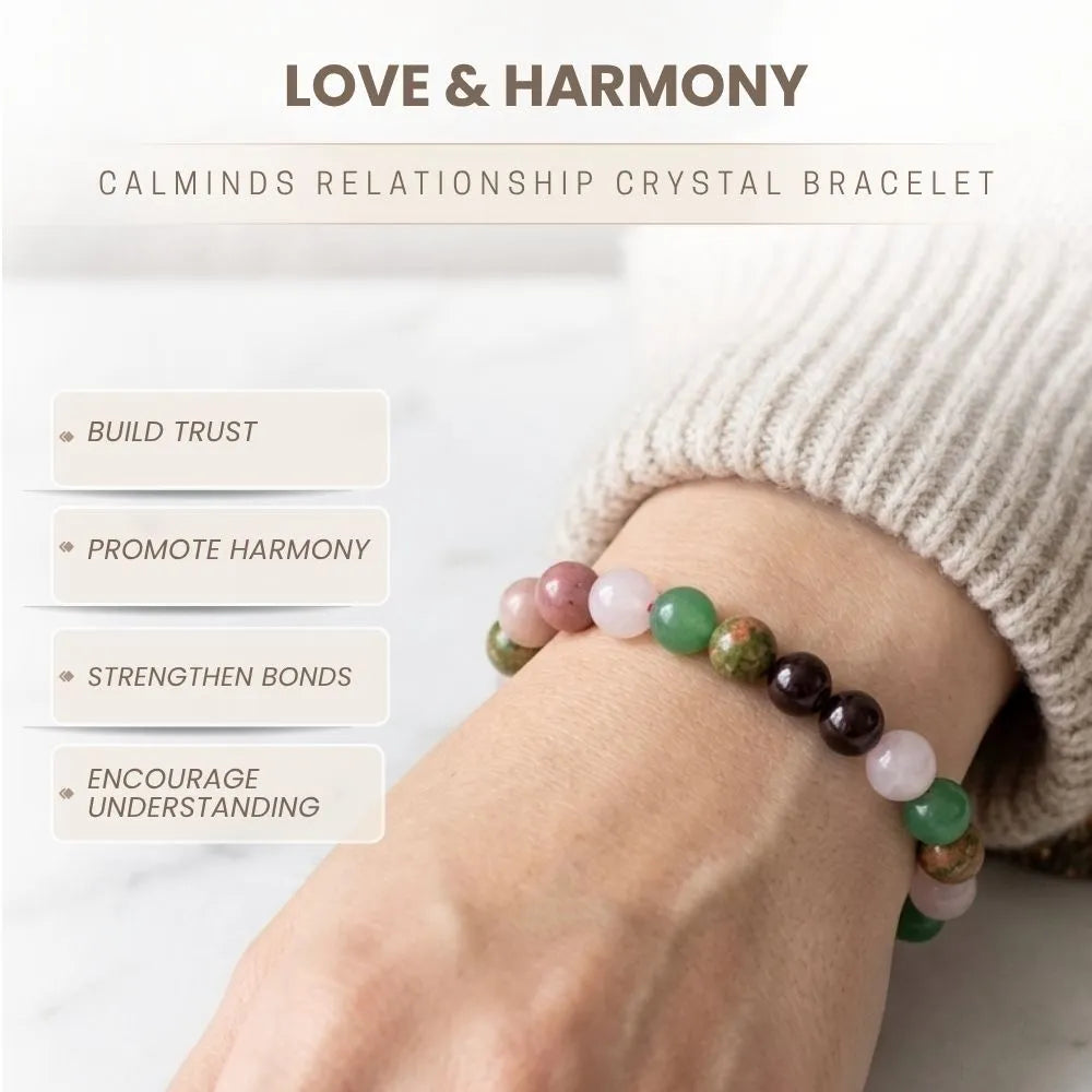 Crystal bracelet on a wrist with 'Love & Harmony' text and benefits listed.
