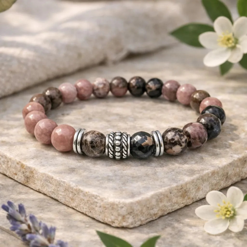 Stones bracelet on a stone surface with flowers