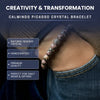 Calminds Picasso Crystal Bracelet worn on wrist with product features listed.