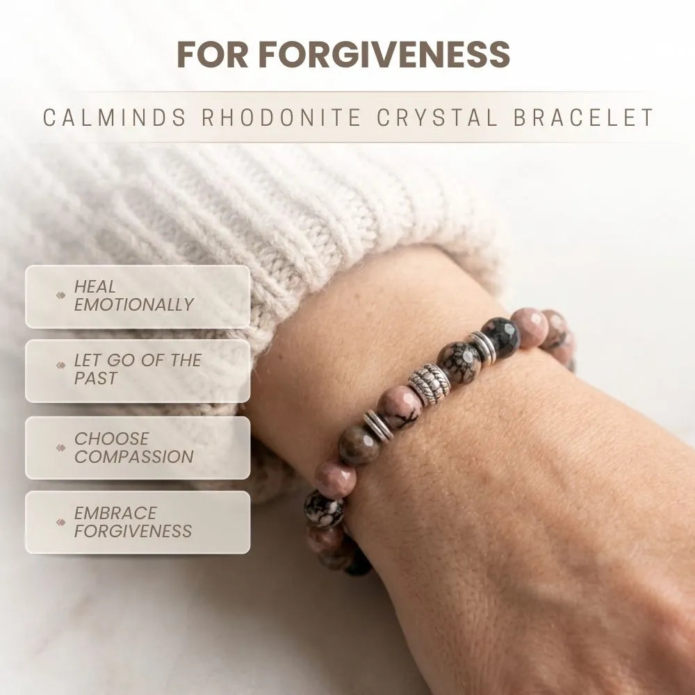 Crystal bracelet on a wrist with text about forgiveness and healing.