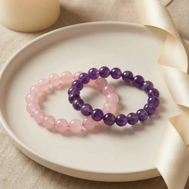 classic amethyst rose quartz couple bracelets for love and harmony