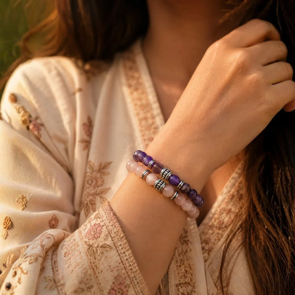 Rose Quartz & Amethyst Crystal Bracelet Gift Set