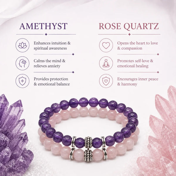 Rose Quartz & Amethyst Crystal Bracelet Gift Set