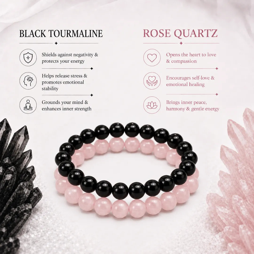 Rose Quartz and Black Tourmaline Two-Bracelet Set Without Charms – Calminds