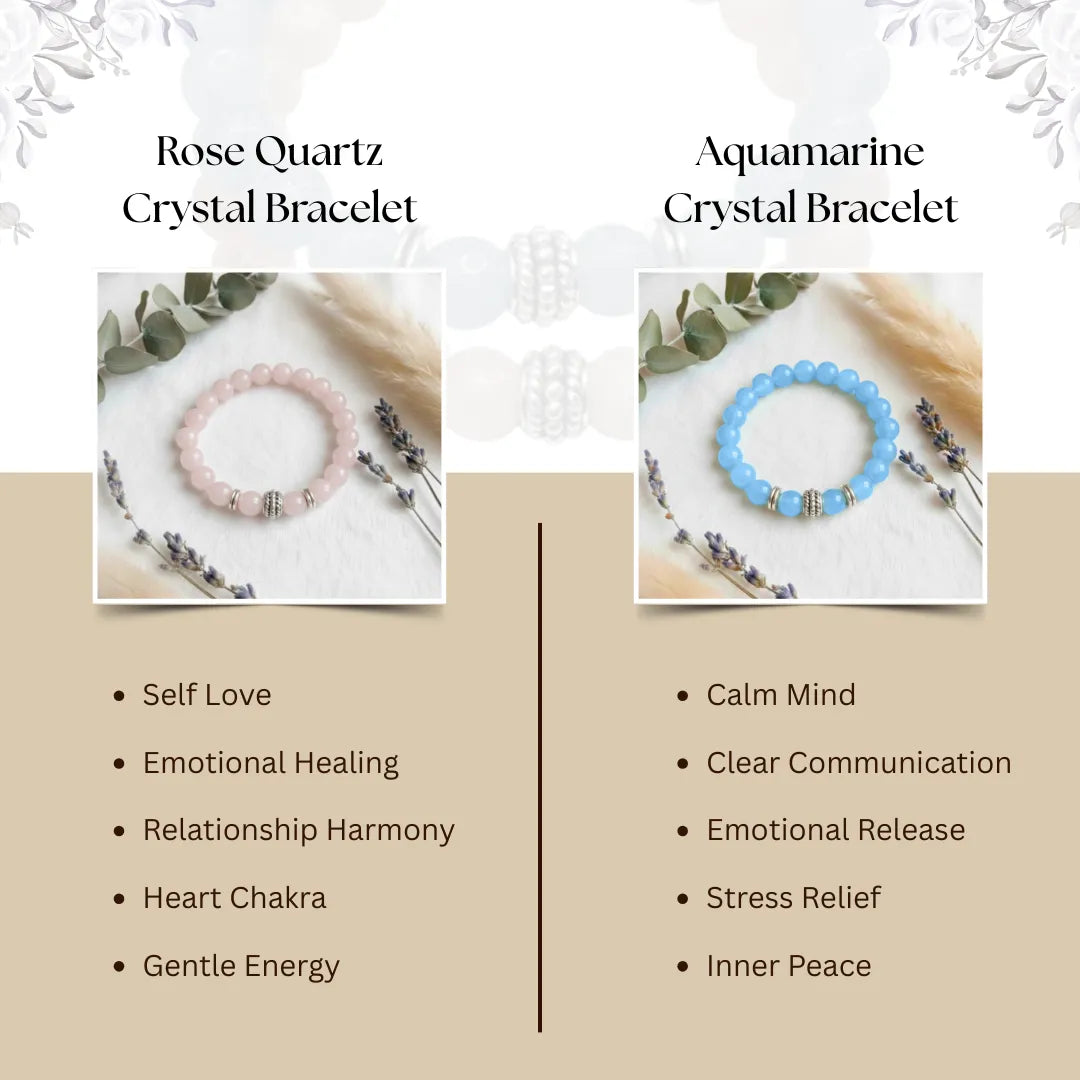 Two crystal bracelets with descriptions of their benefits on a beige background.